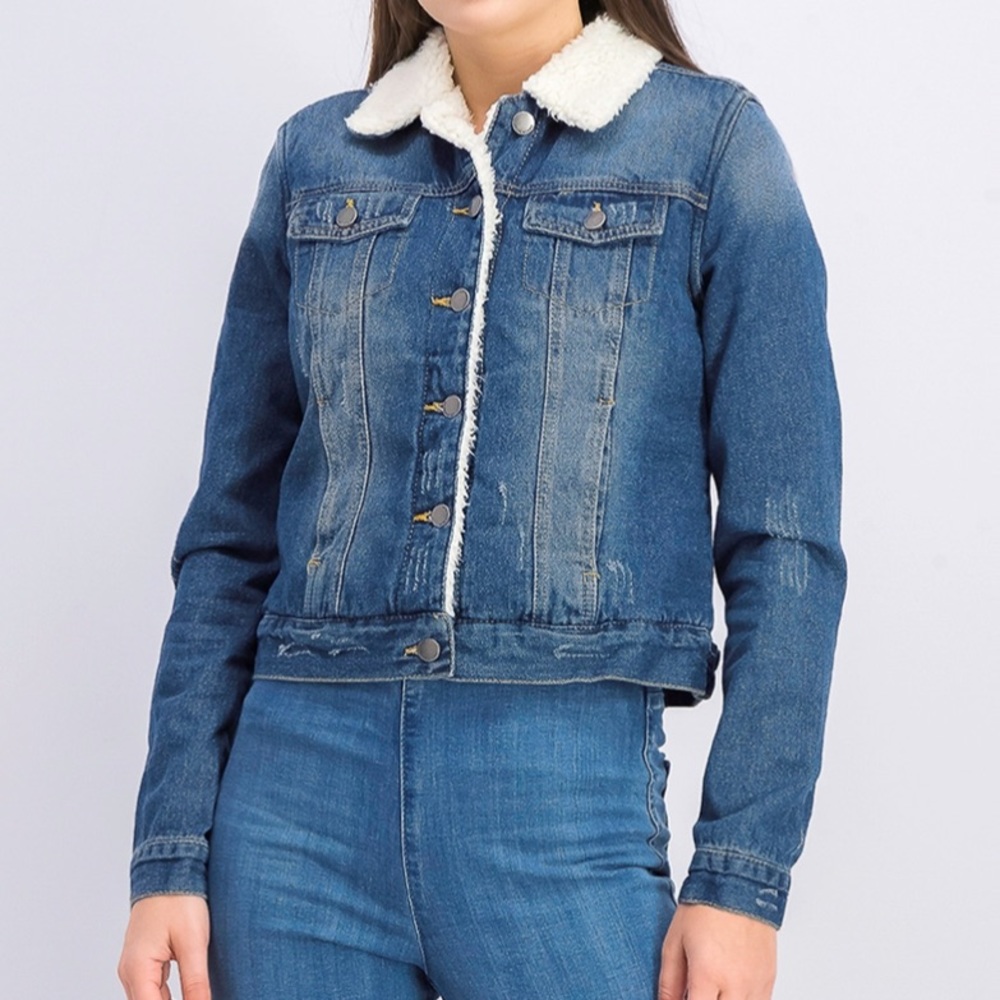 Trucker Jacket Blue Denim Sherpa Lined Women’s Size XL Ashley Vintage Charm